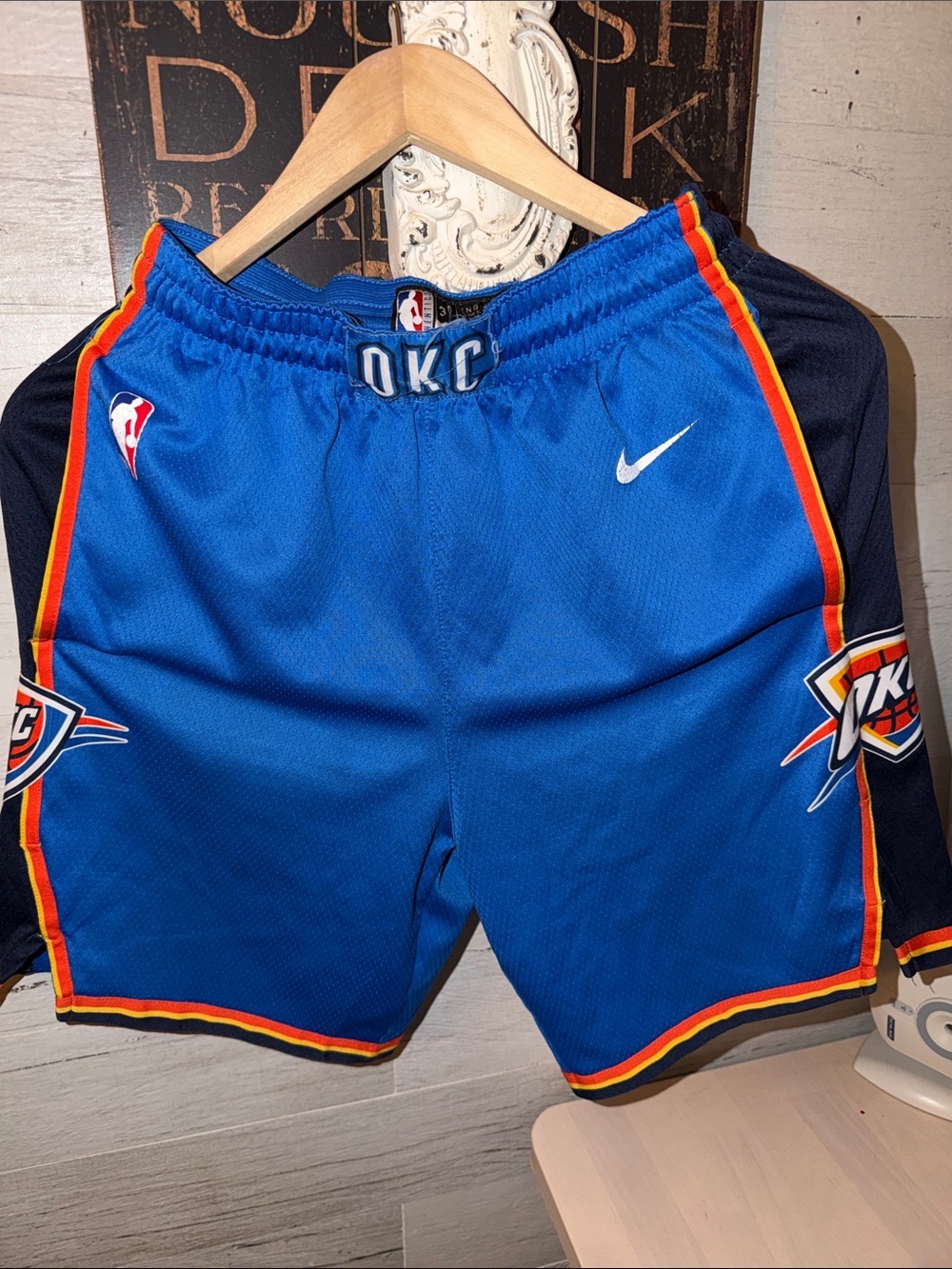 Nike NBA OKC Thunder Blue Shorts with Navy and Orange Trim Youth 30